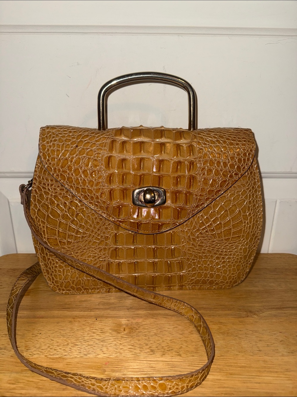 Structured Croc-Embossed Top-Handle Crossbody Bag in CaramelVintage